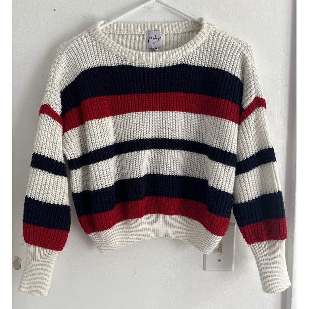 Princess Polly Relax Fit Red Cream‎ Blue Cropped Cable Knit Sweater Women S/M